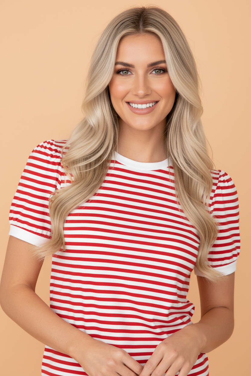 Stripe Contrast Trim Round Neck Puff Sleeve T-Shirt