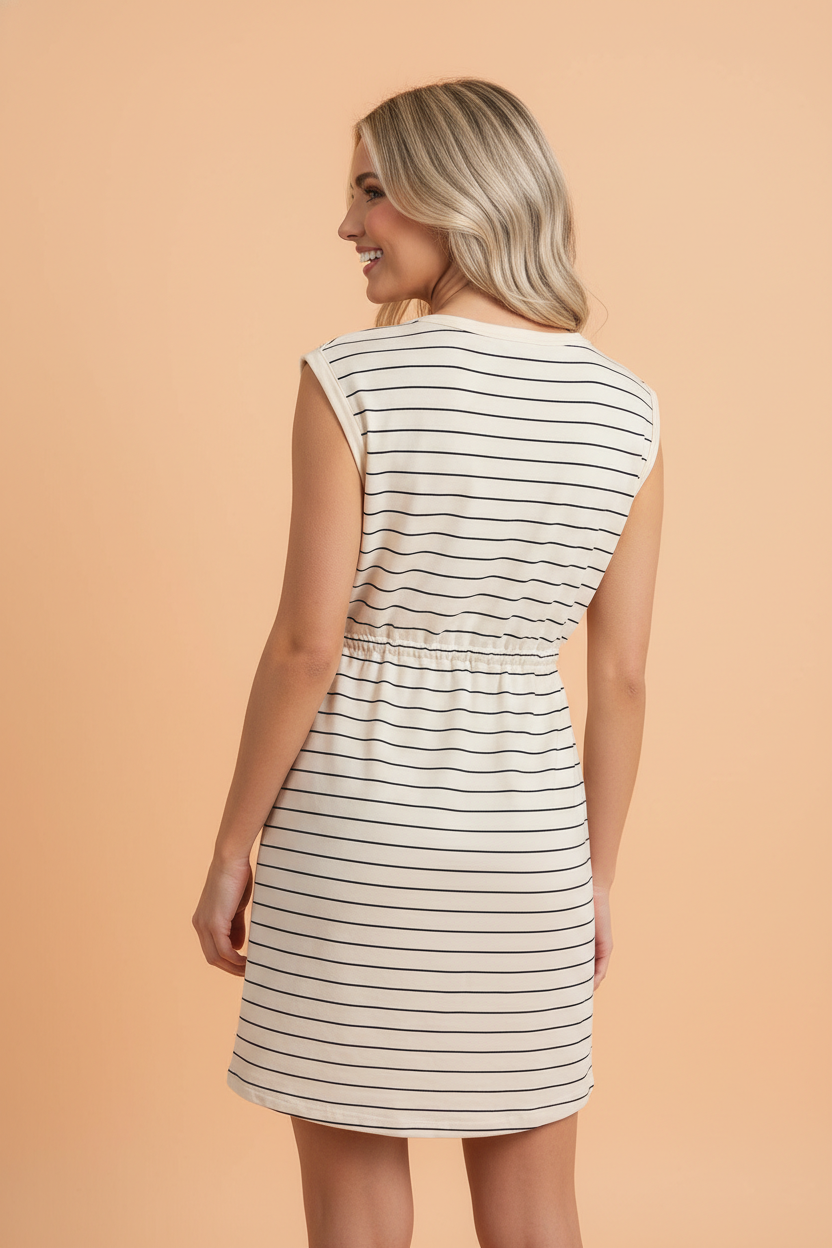 Stripe Drawstring Tunic Tank Mini Dress w/ Pockets