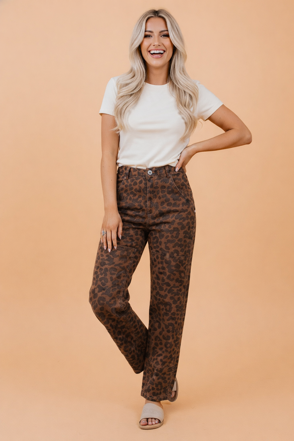 Leopard Seam Detail High Waist Barrel Leg Jeans