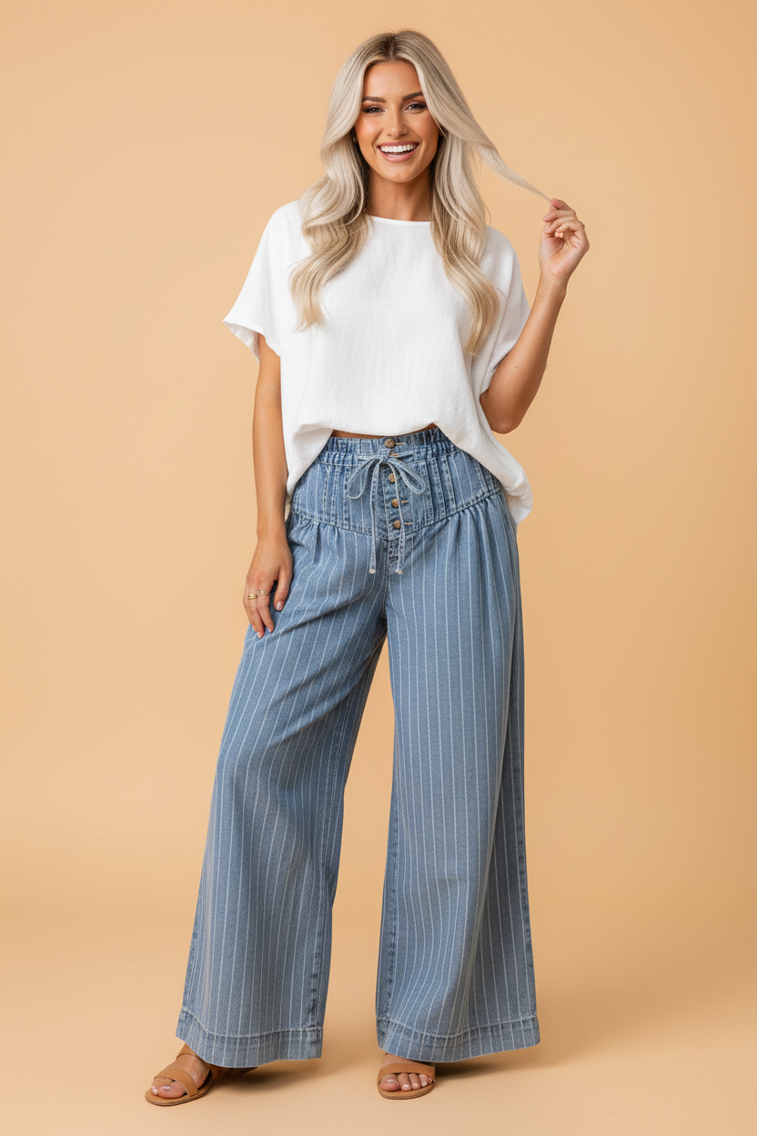 Stripe Buttoned High Waist Pleated Wide Leg Jeans