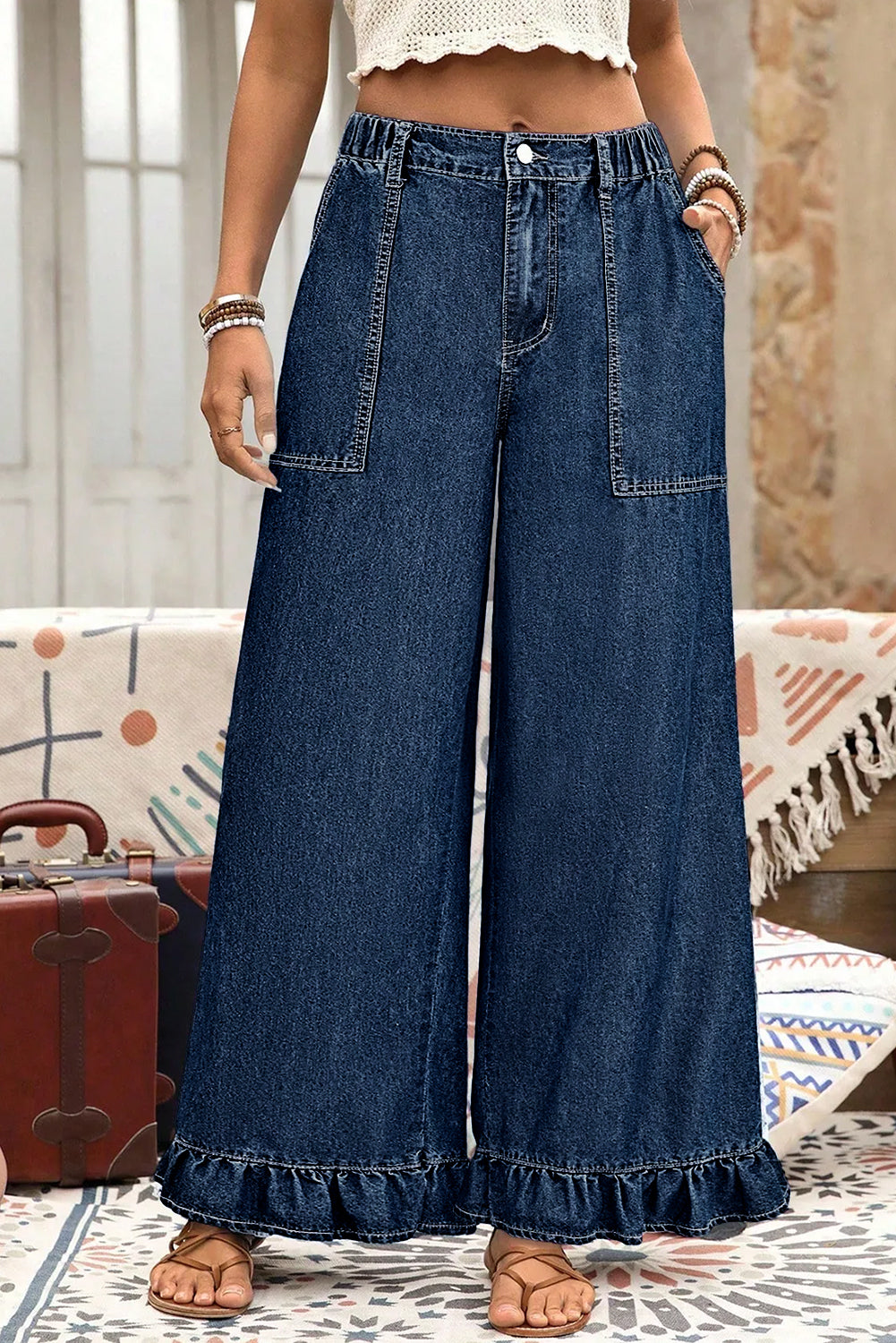 Plus Size Denim Elastic Waist Ruffle Wide Leg Pants