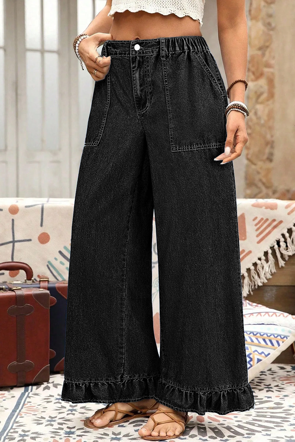 Plus Size Denim Elastic Waist Ruffle Wide Leg Pants