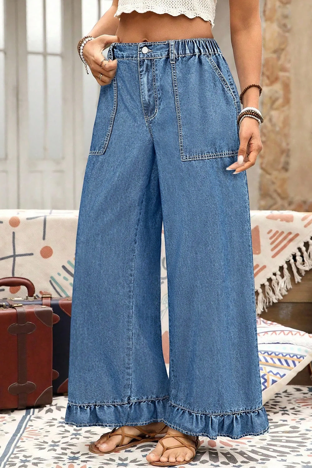 Plus Size Denim Elastic Waist Ruffle Wide Leg Pants