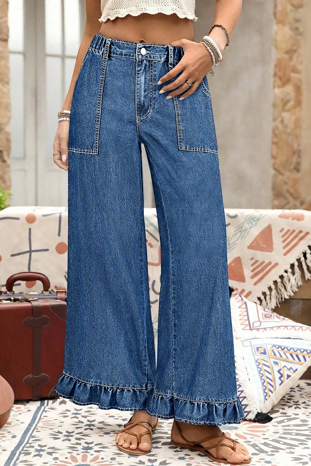 Plus Size Denim Elastic Waist Ruffle Wide Leg Pants