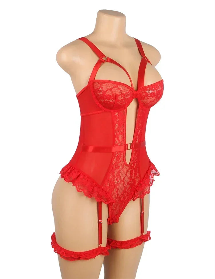 Comeondear Suspenders Women Teddy Leotard Sexy Plus Size Rompers Lingerie Underwire Lace Garter Bodysuits Slim Jumpsuit Pajamas