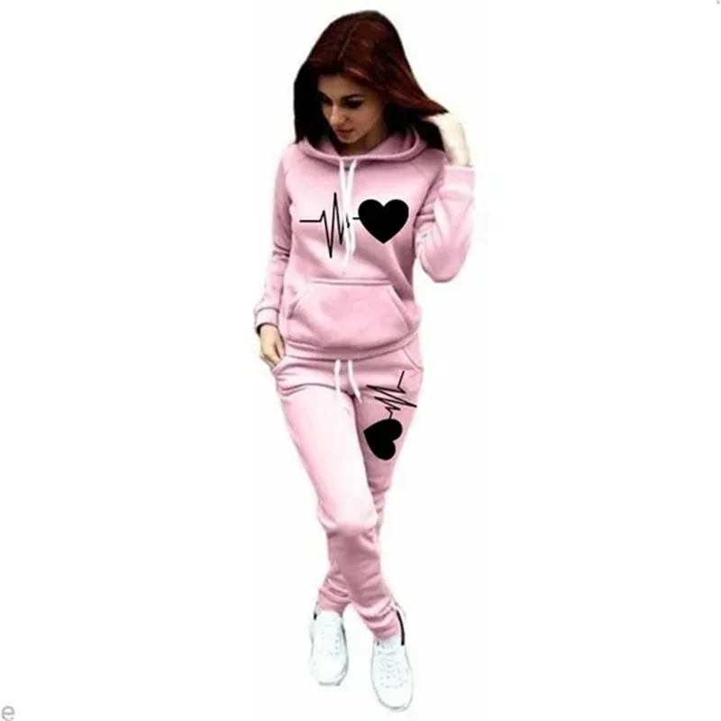 Heart Print Plus Size Hoodie & Sweatpants Set
