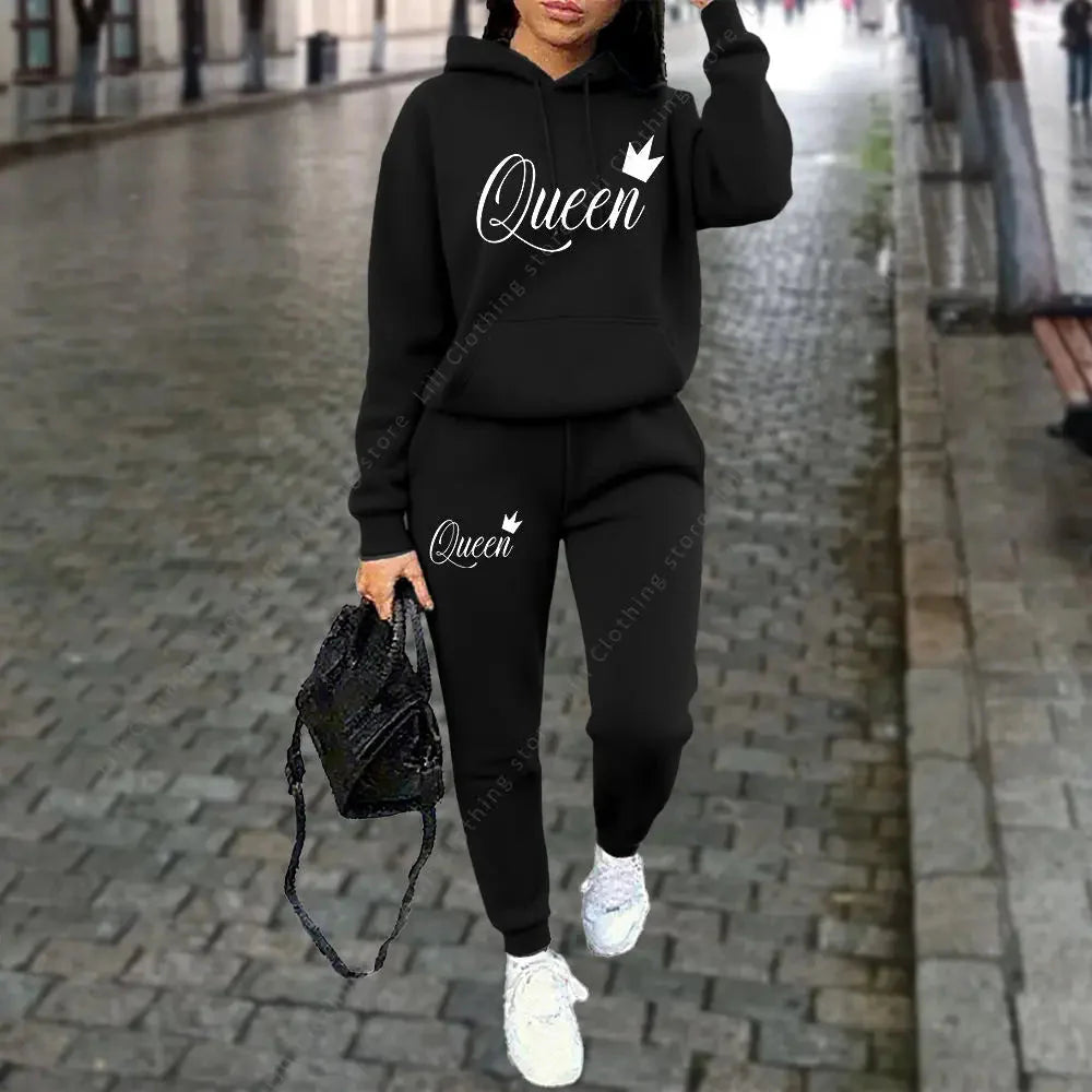 Women’s “Queen” Graphic 2-Piece Hoodie & Pants Tracksuit Set