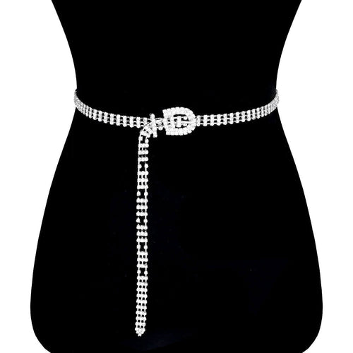 3 Rows Rhinestone Pave Embellished Detail Buckle Belt