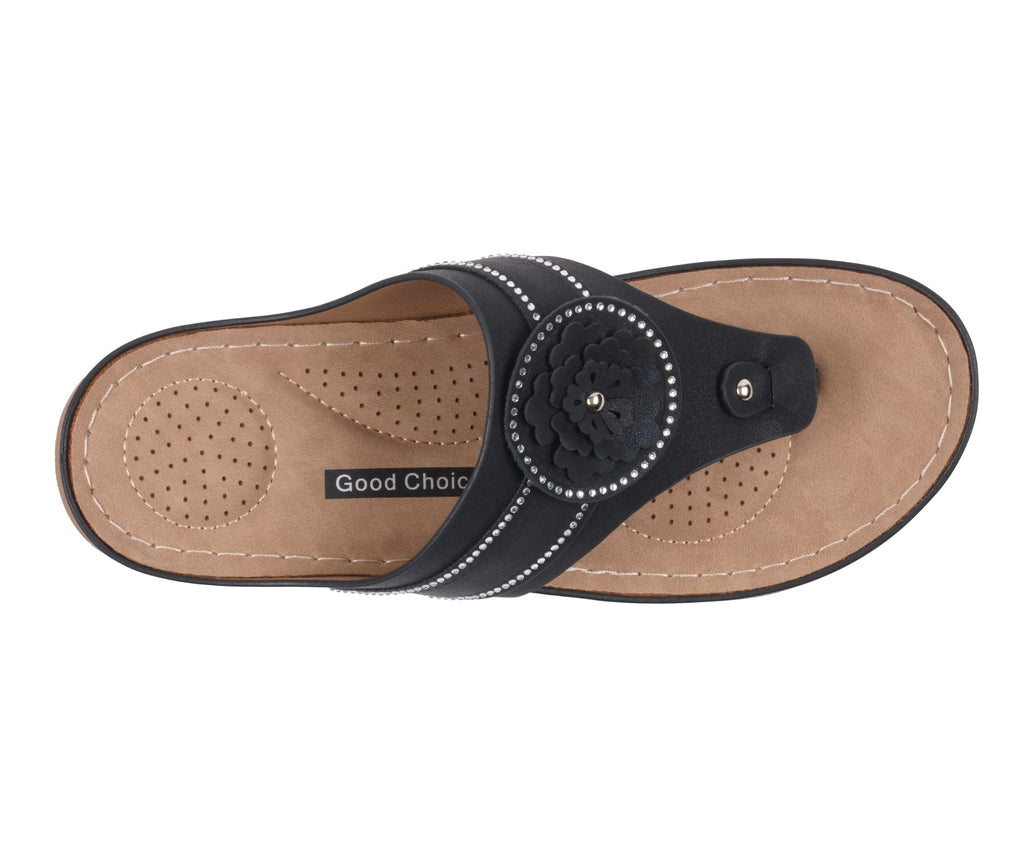 Women's Vickie Black Flower Thong Flat Comfort Sandals