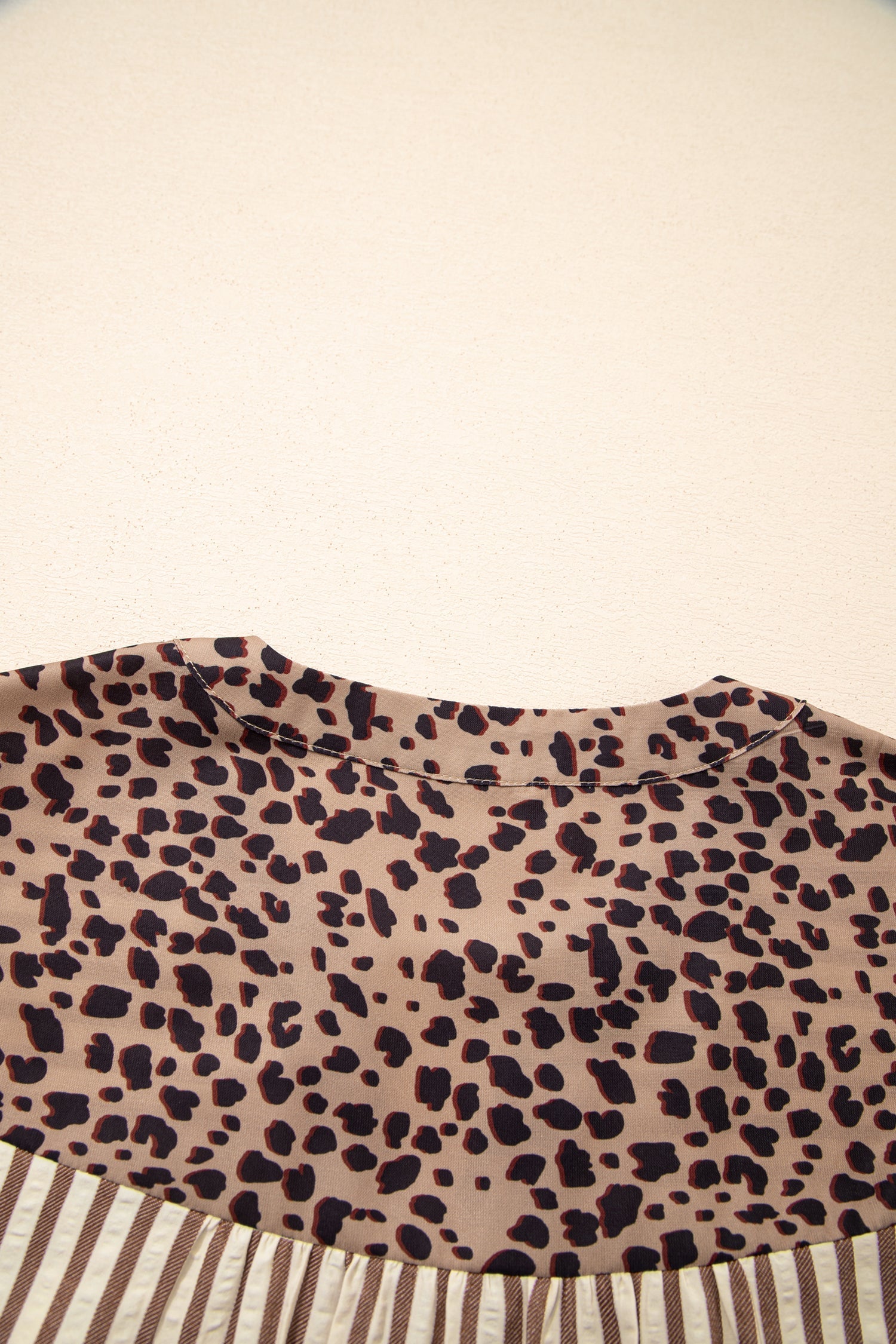 Stripe Leopard Trim 3/4 Sleeve Midi Shirt Dress