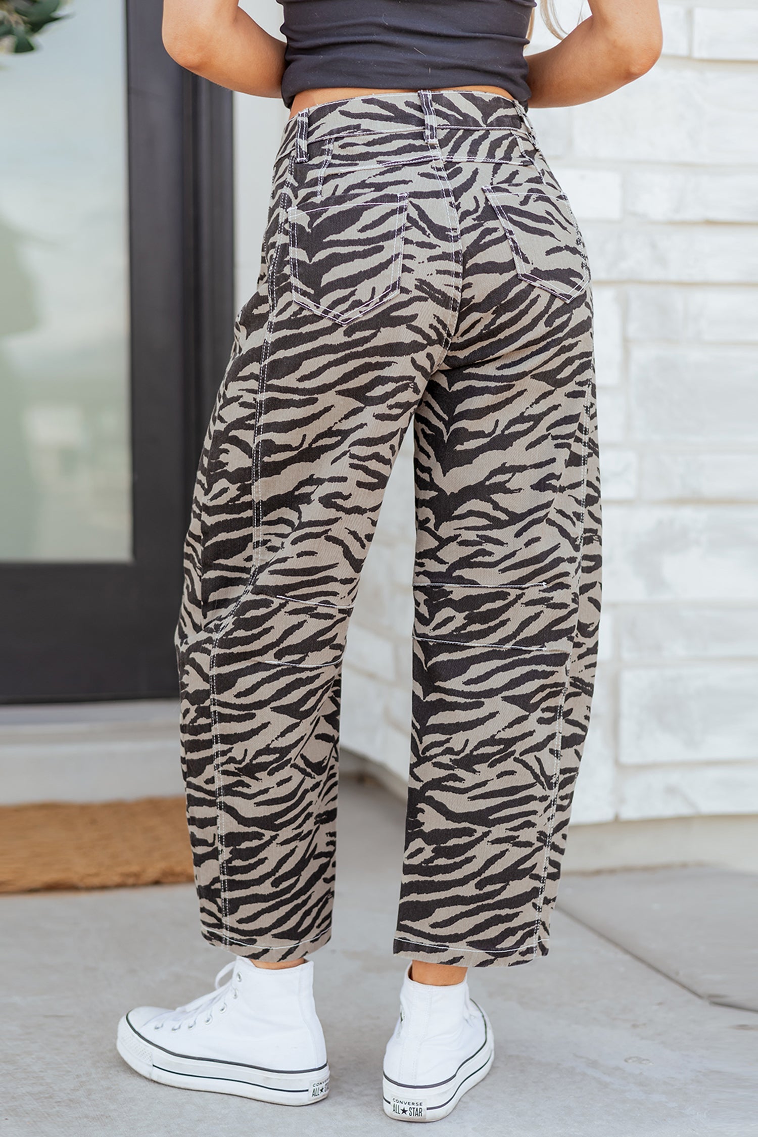 Zebra Stripe Denim Wide Barrel Leg Jeans