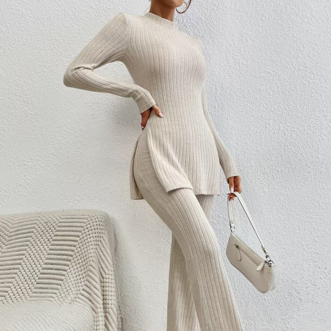 Women’s Ribbed V‑Neck Top & Pants Set