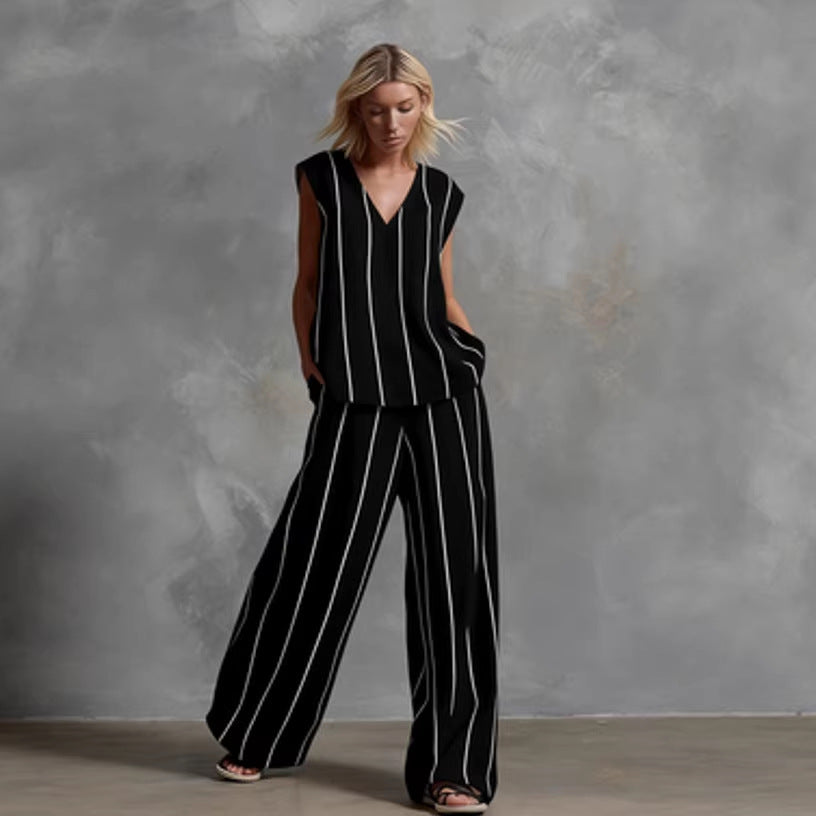 Women’s Sleeveless Striped Top and Full-Length Pants Set