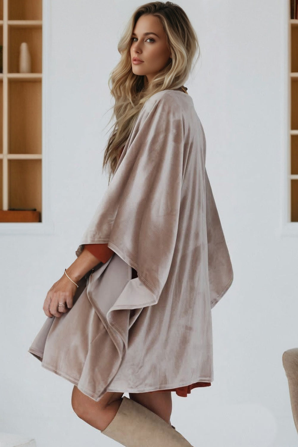 Velvet 3/4 Sleeve Open Front Kimono