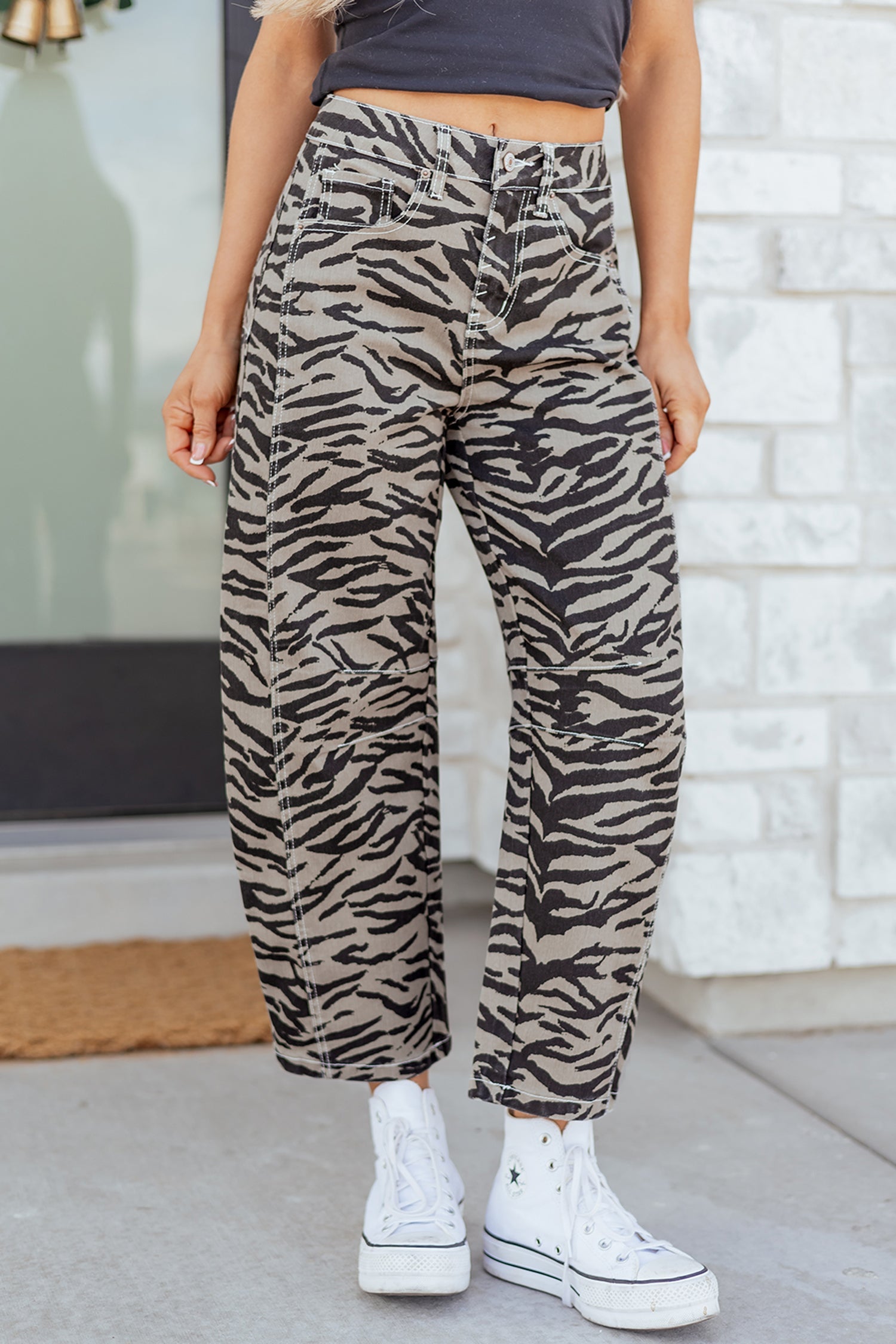 Zebra Stripe Denim Wide Barrel Leg Jeans