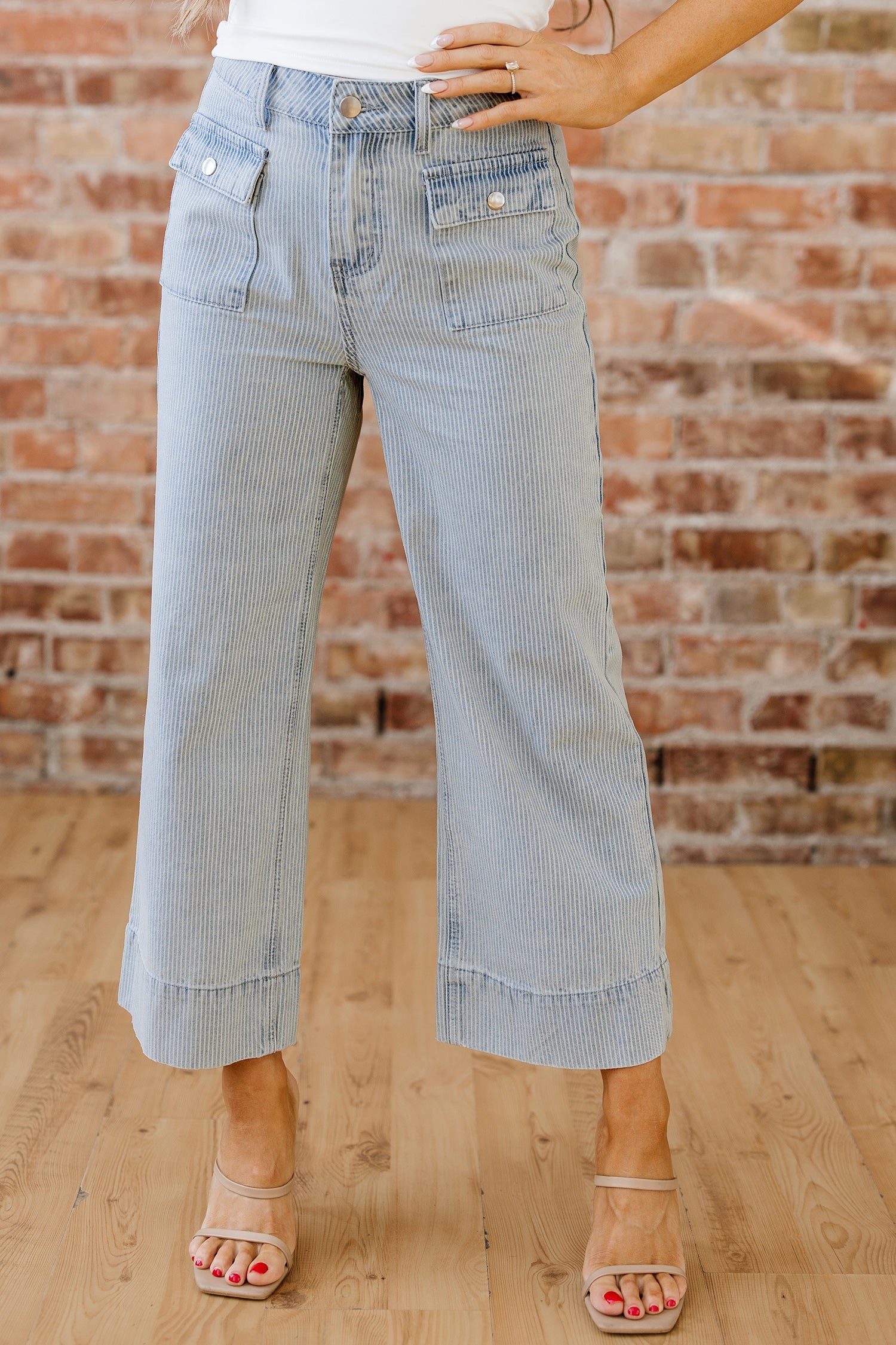 Stripe Denim Button Flap Pocket Cuffed Hem Jeans
