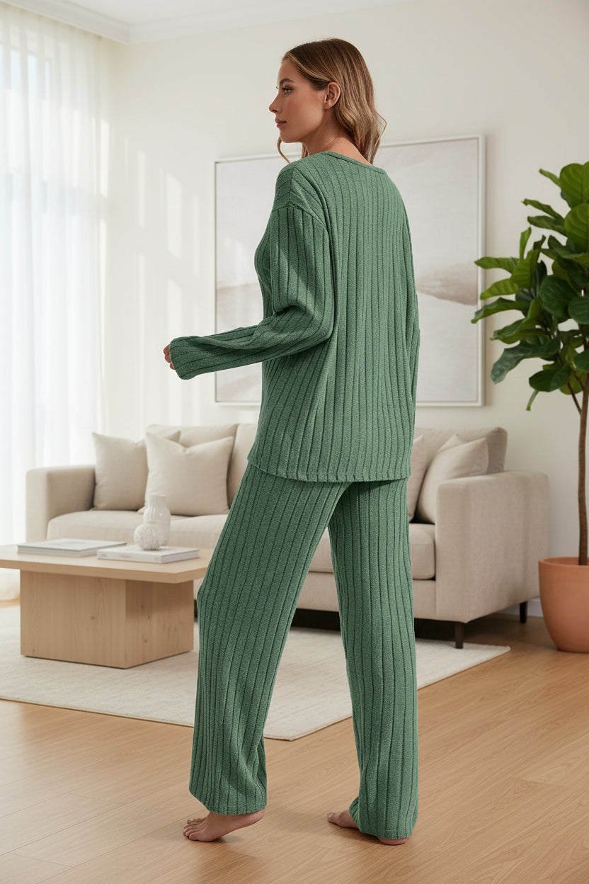 Women’s Ribbed Long Sleeve Top and Pants Loungewear Set