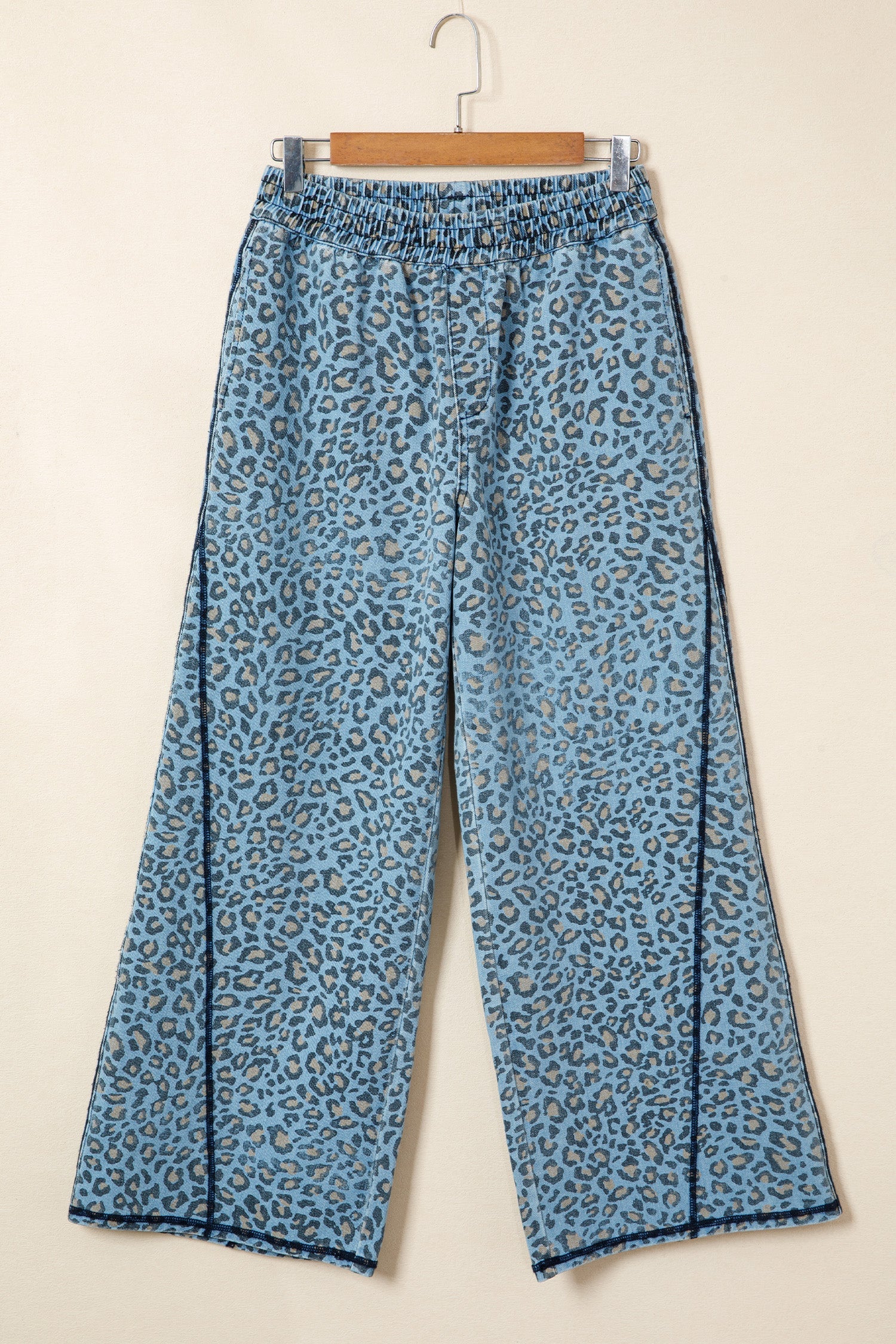 Leopard Exposed Seam Wide Leg Drawstring Jeans