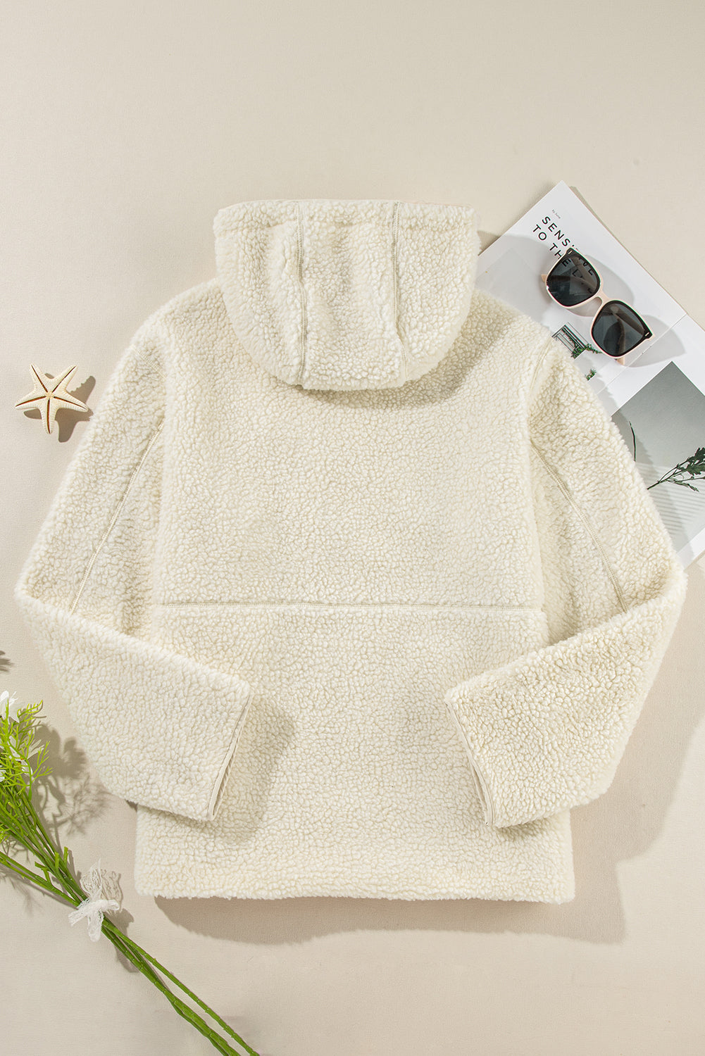 Solid Fleece Zip-Up Drawstring Pocketed Hooded Jacket