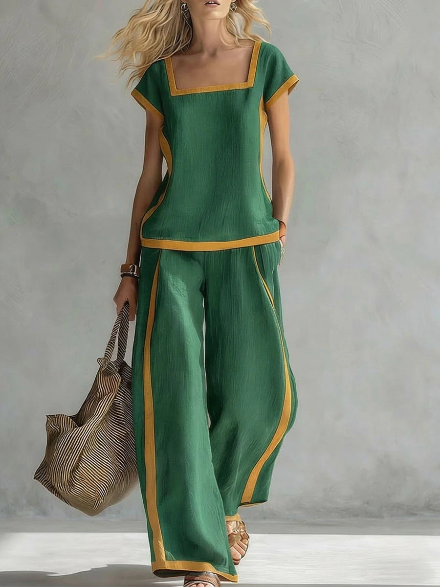 Women’s Square Neck Short Sleeve Two Piece Pants Set