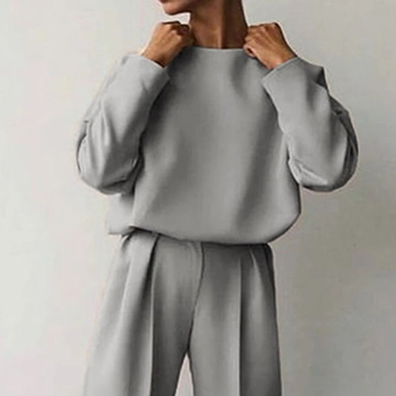 Women’s Solid Color 2-Piece Set – Long Sleeve Top & Pleated Pants Loungewear