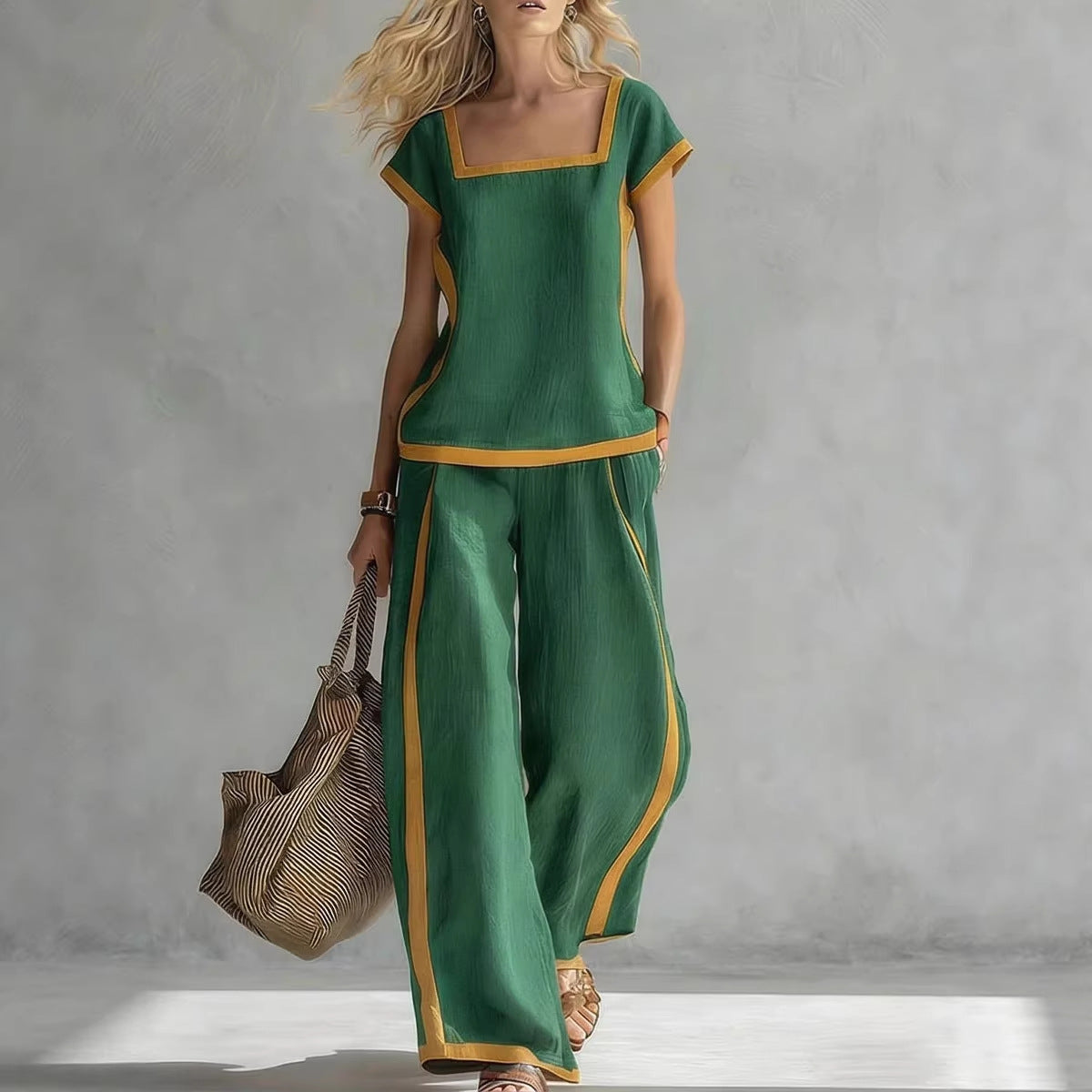 Women’s Square Neck Short Sleeve Two Piece Pants Set