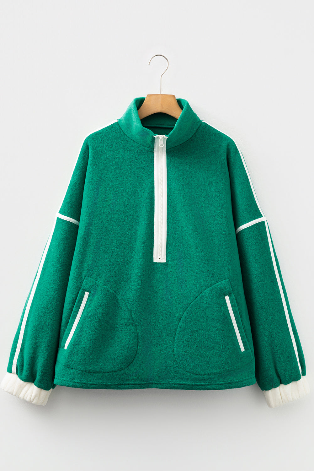Plus Size Fleece Contrast Trim Half Zip Pocketed Sweatshirt