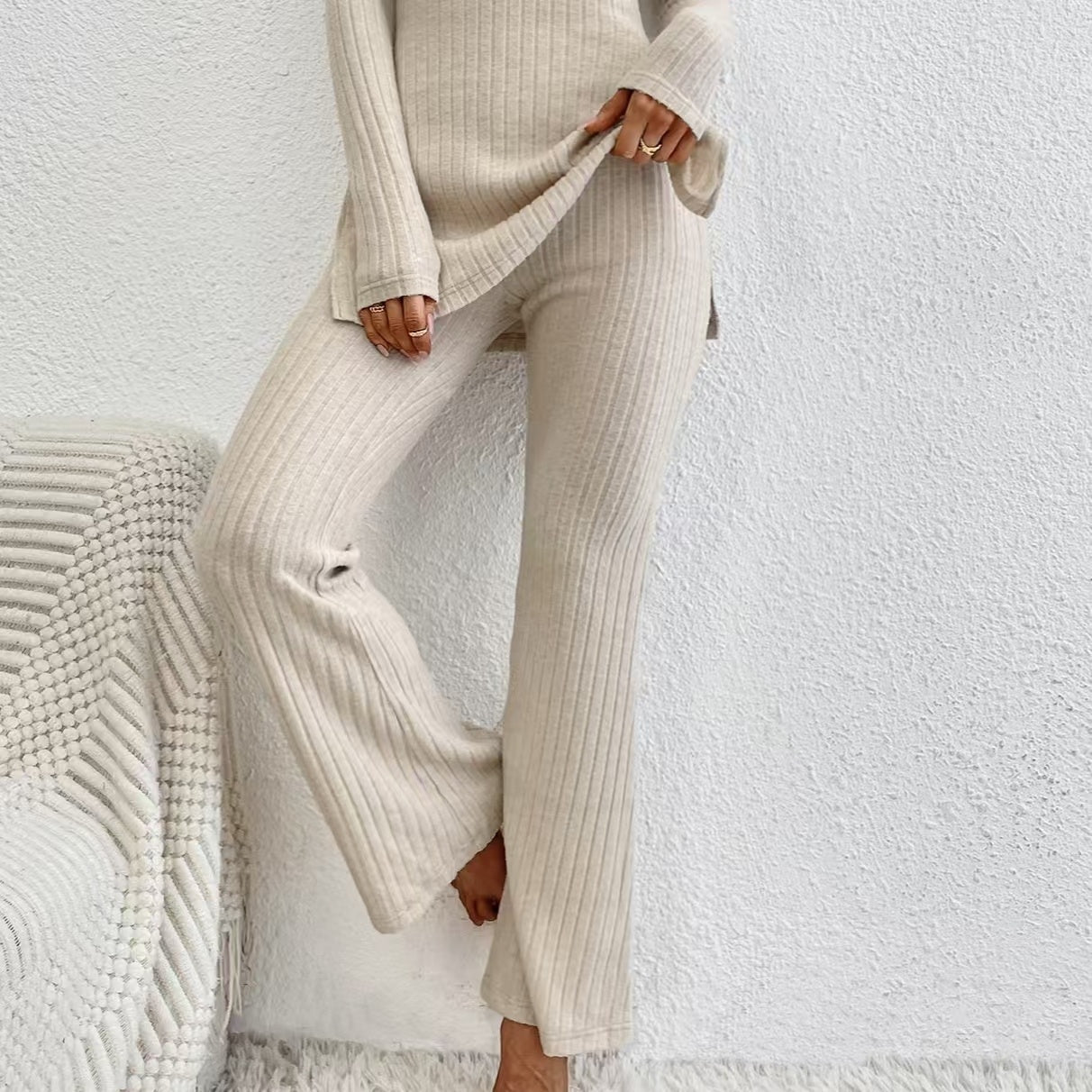 Women’s Ribbed V‑Neck Top & Pants Set