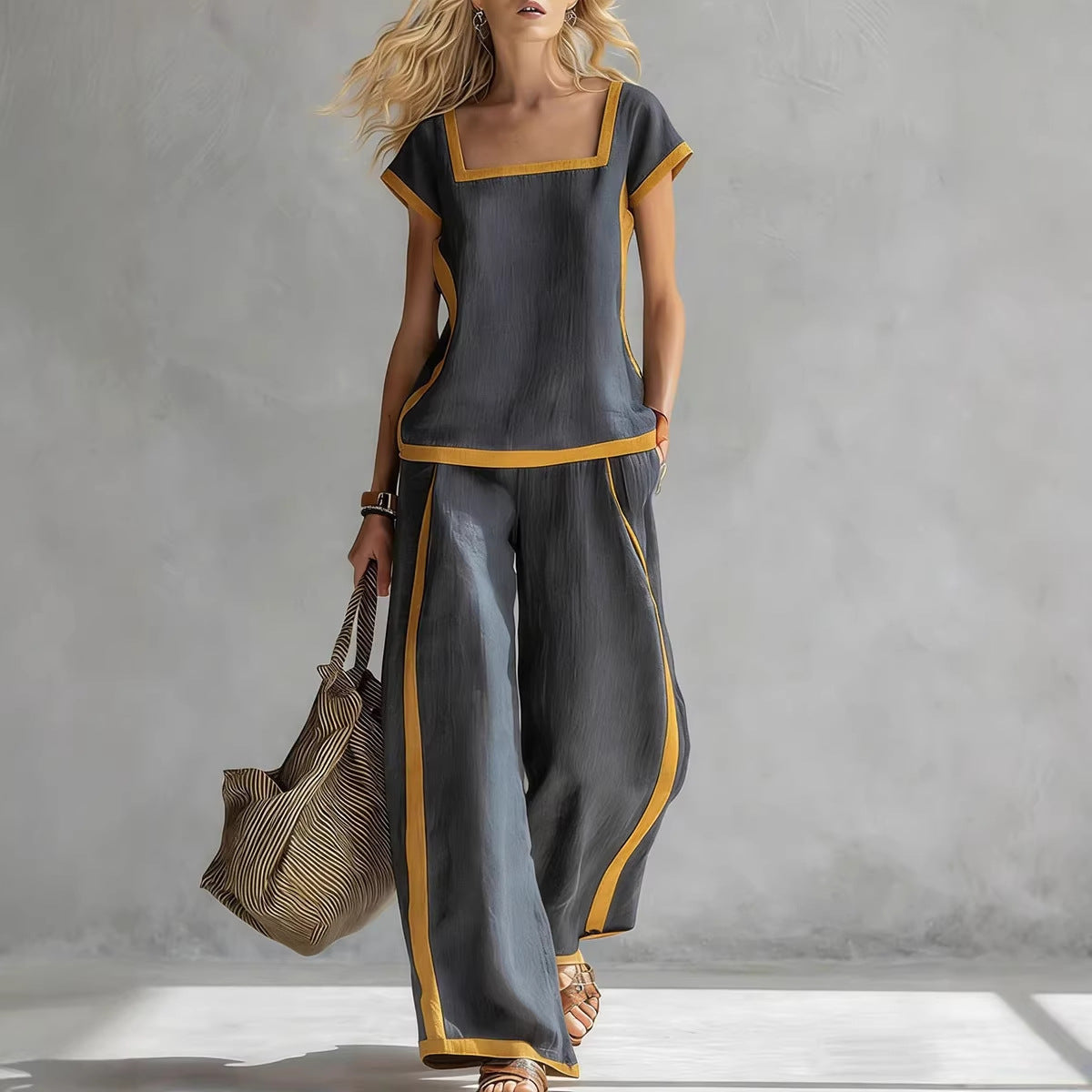 Women’s Square Neck Short Sleeve Two Piece Pants Set