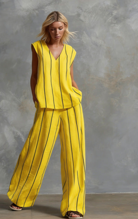 Women’s Sleeveless Striped Top and Full-Length Pants Set