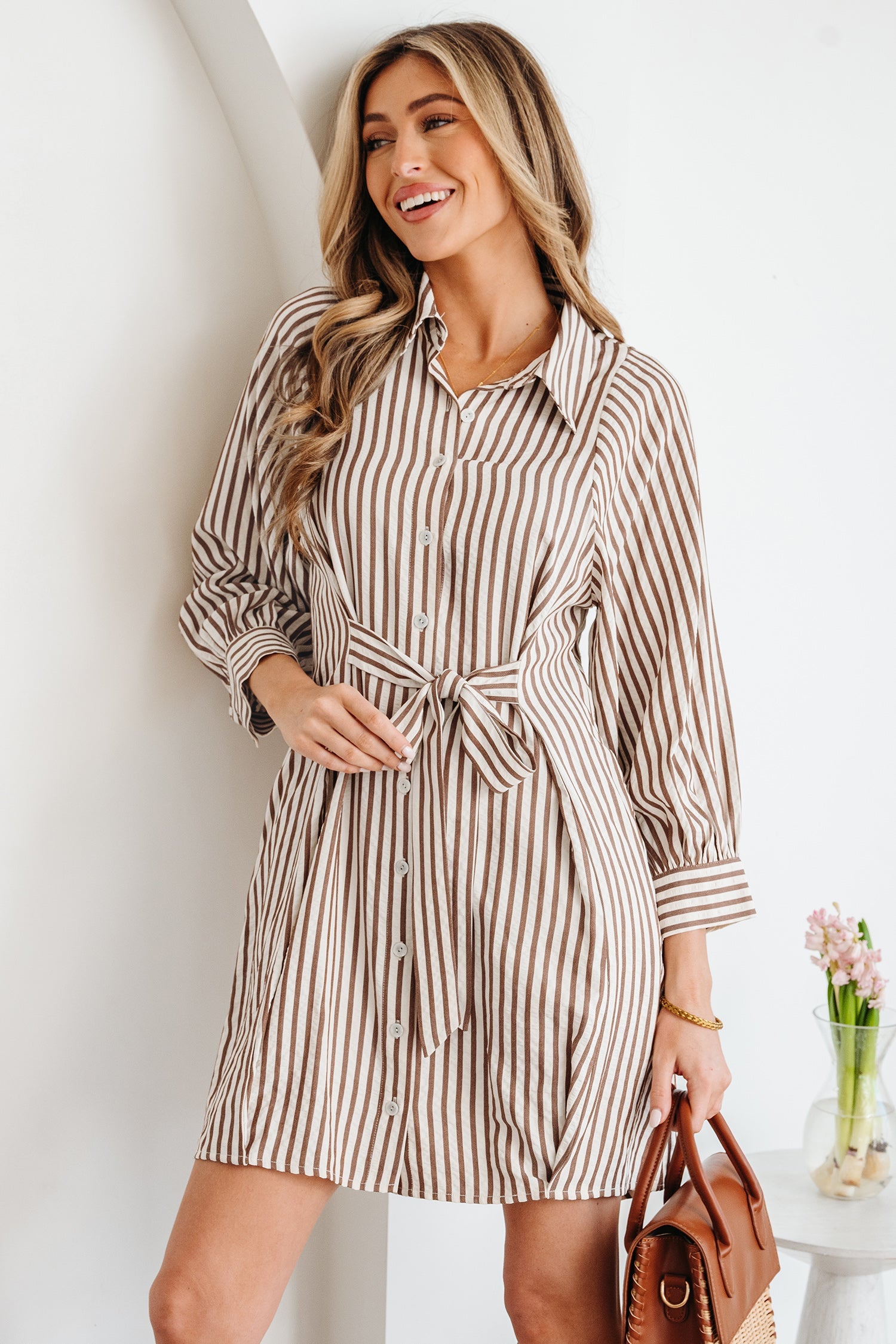 Stripe Tie Waist Puff Sleeve Mini Shirt Dress