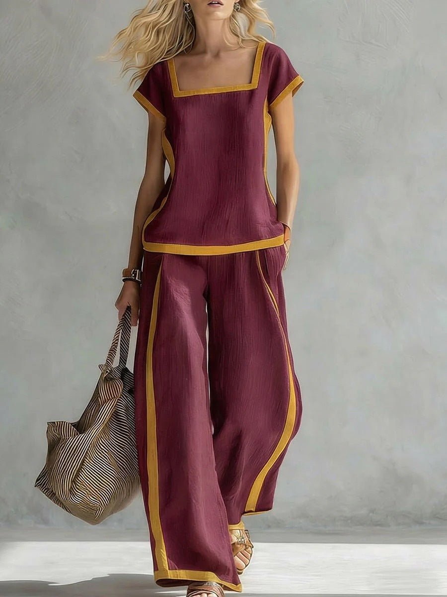 Women’s Square Neck Short Sleeve Two Piece Pants Set