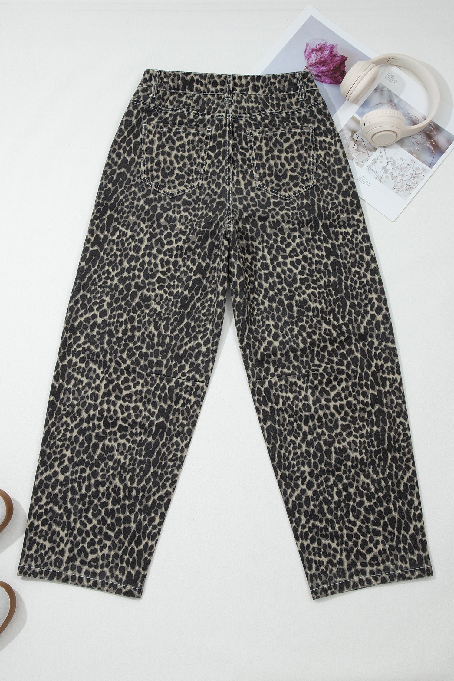 Leopard High Waist Barrel Leg Jeans