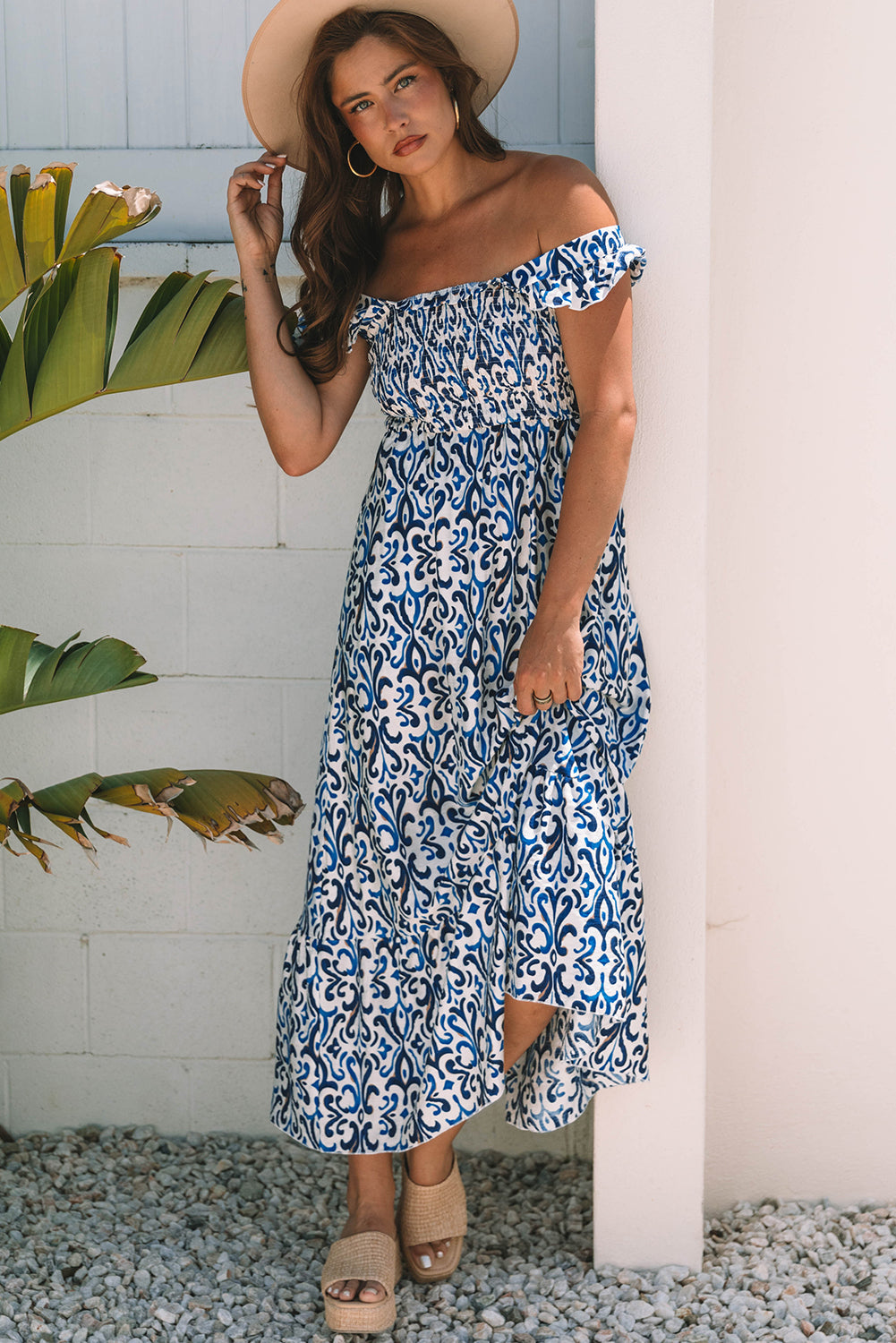 Abstract Boho Smocked Bodice High-Waist Maxi Dress