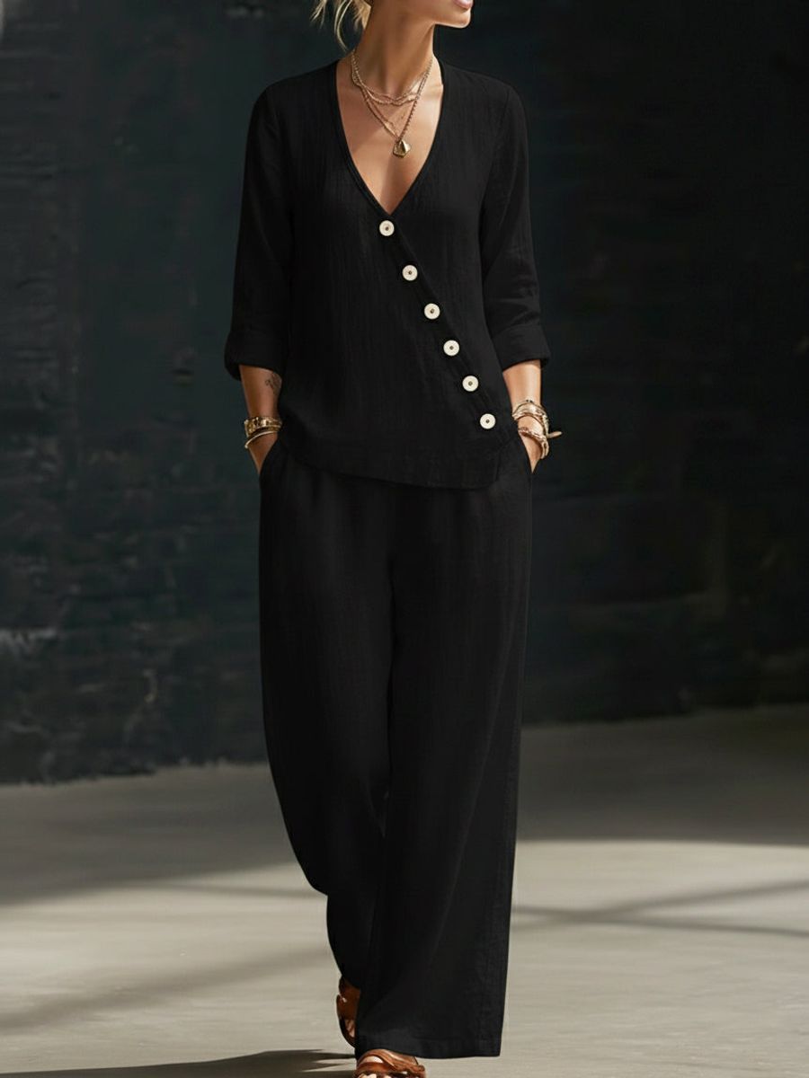 Women’s V-Neck Cross-Over Shirt and Wide-Leg Pants Set