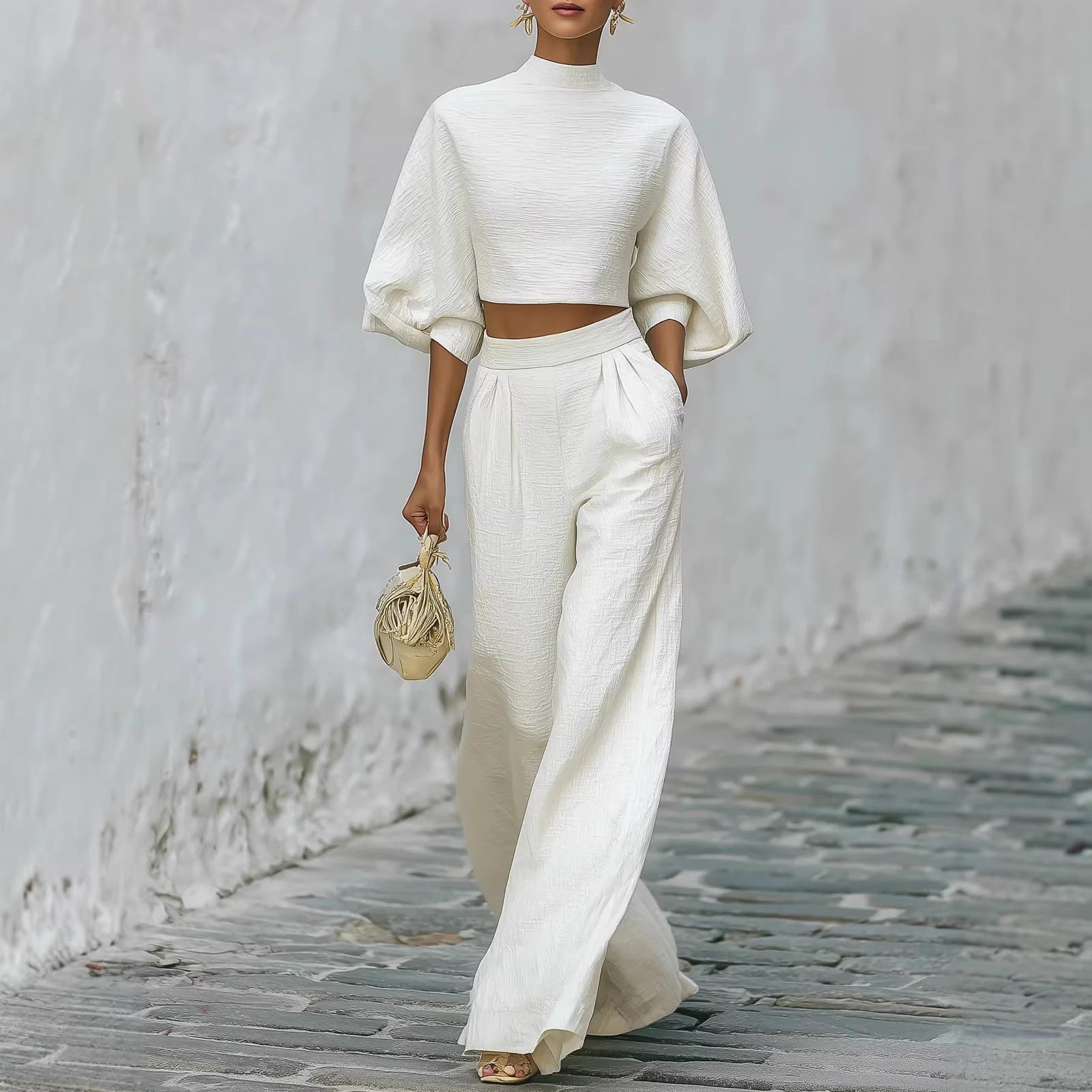 Women’s Short Top & High-Waisted Pants Set – Casual Two-Piece Outfit