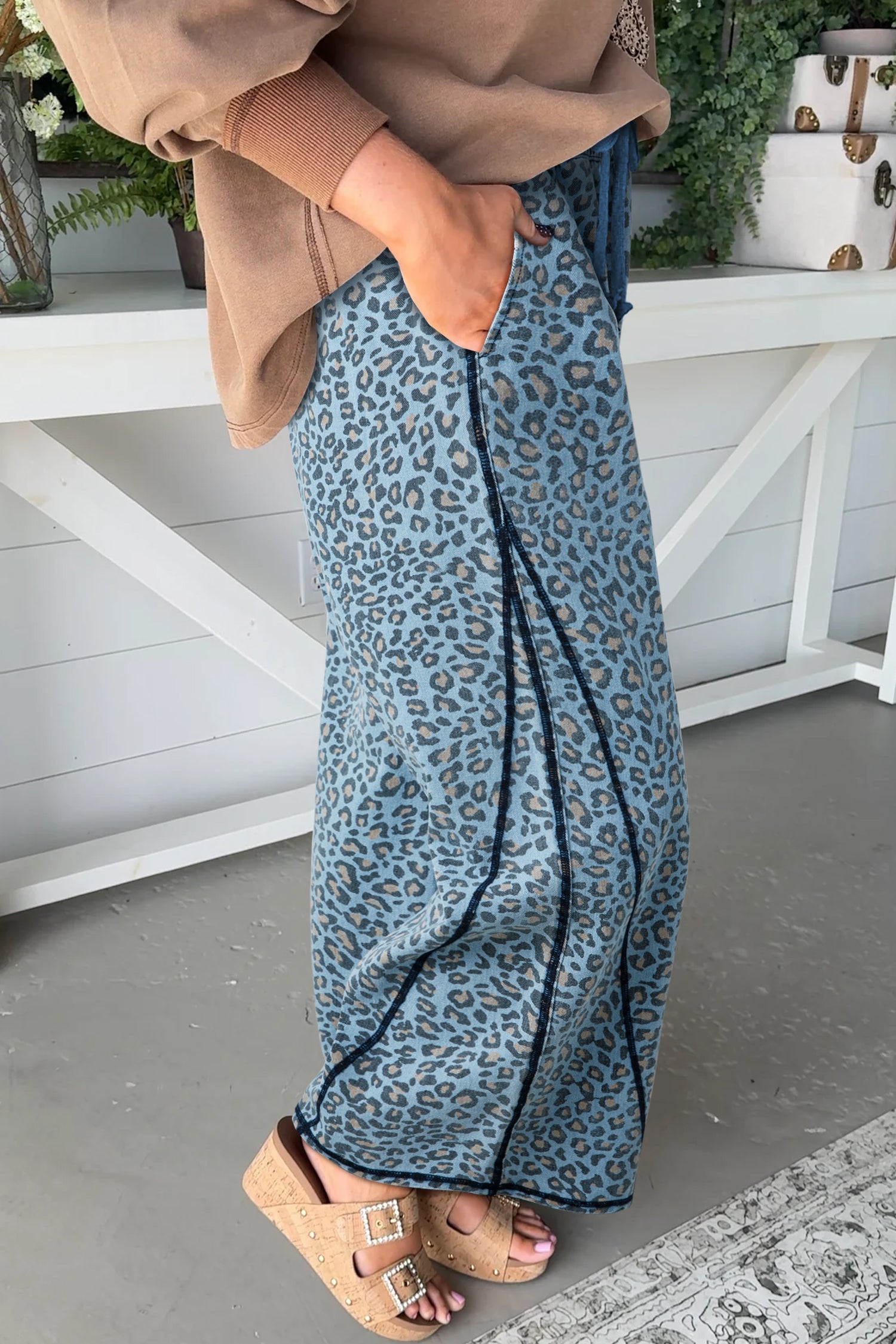 Leopard Exposed Seam Wide Leg Drawstring Jeans