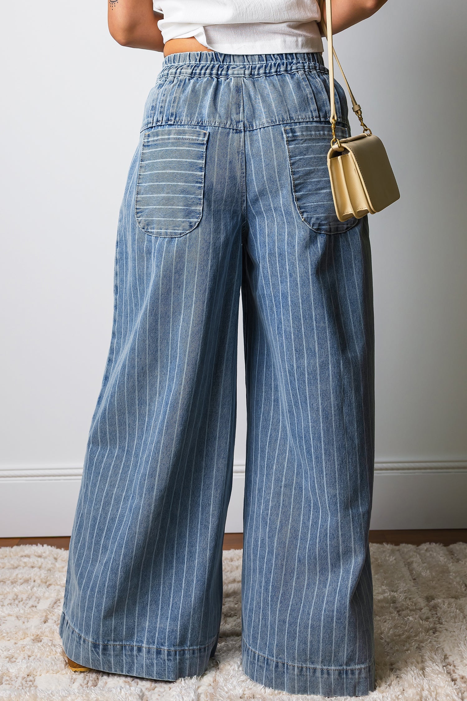 Stripe Buttoned High Waist Pleated Wide Leg Jeans