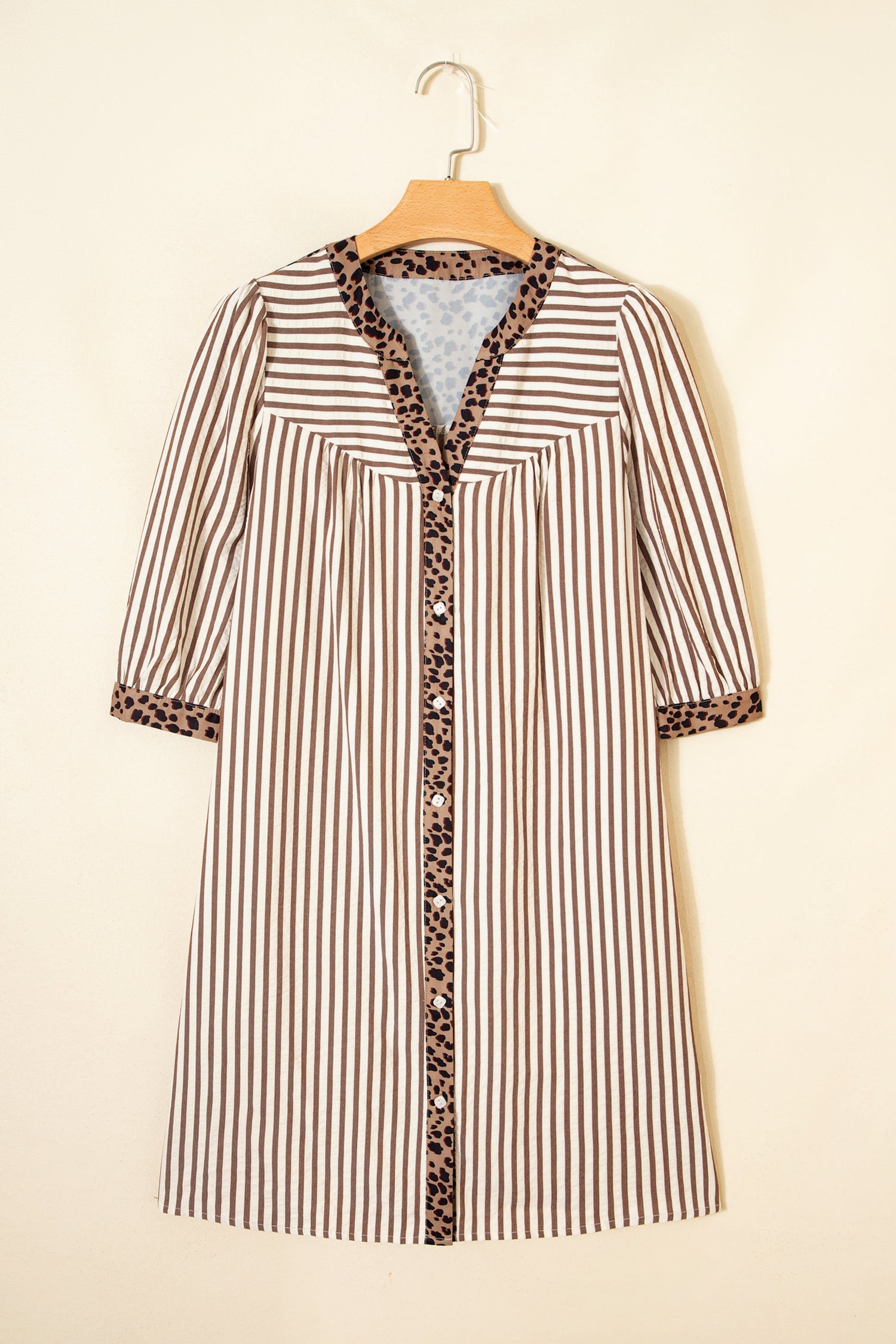 Stripe Leopard Trim 3/4 Sleeve Midi Shirt Dress