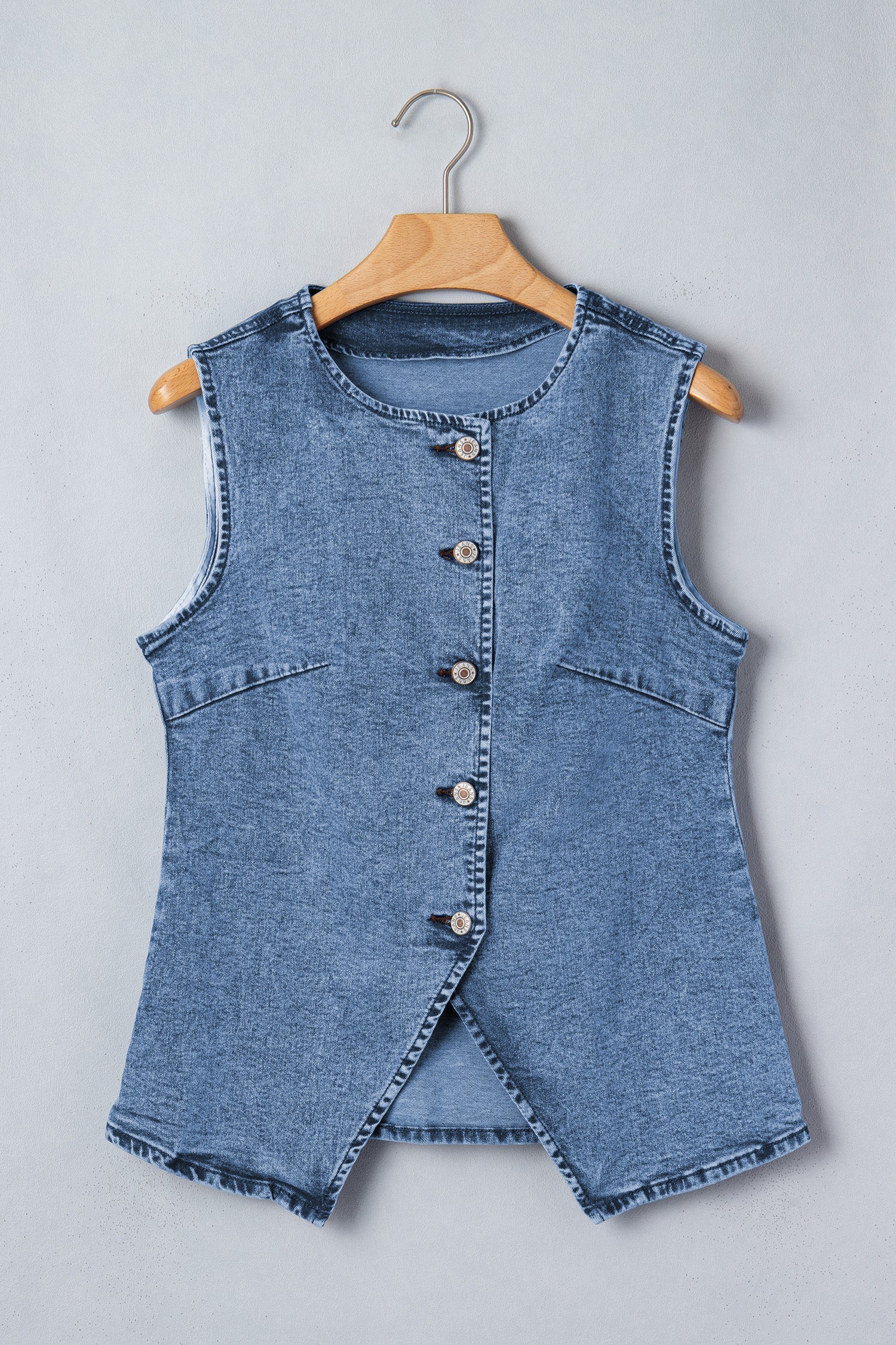 Western Denim Button Front Slit Sleeveless Vest
