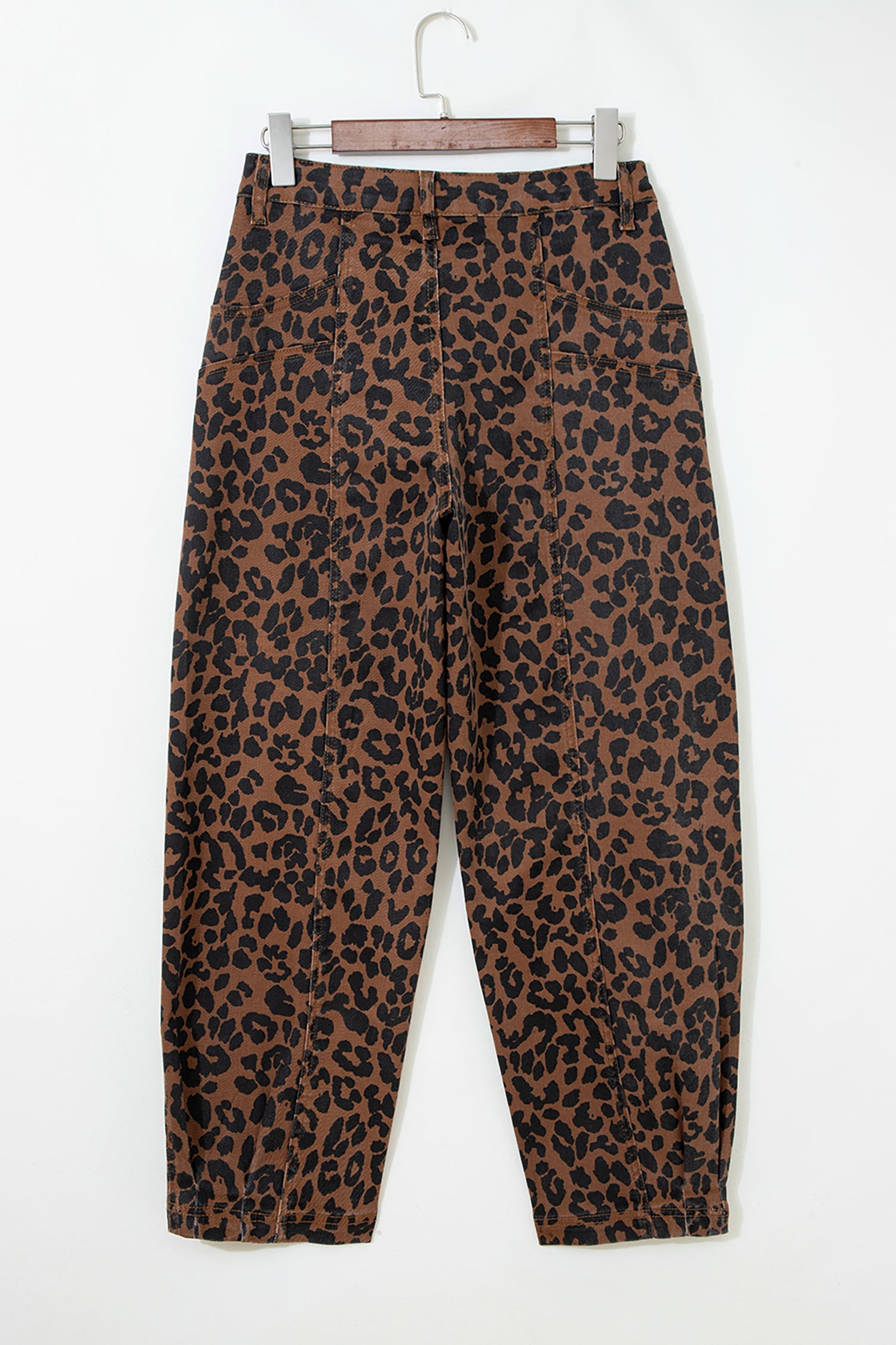 Leopard Seam Detail High Waist Barrel Leg Jeans
