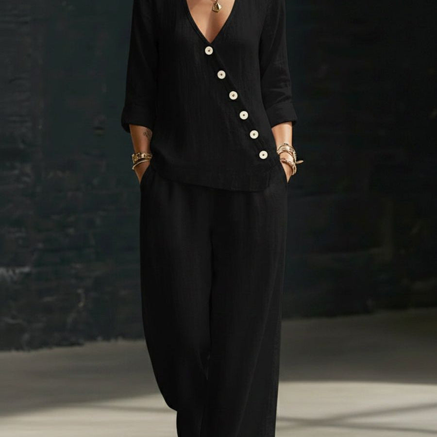 Women’s V-Neck Cross-Over Shirt and Wide-Leg Pants Set